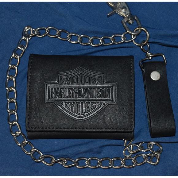 Harley-Davidson Leather Wallet Chain Biker Motorcycle Trifold Embossed - Picture 1 of 5